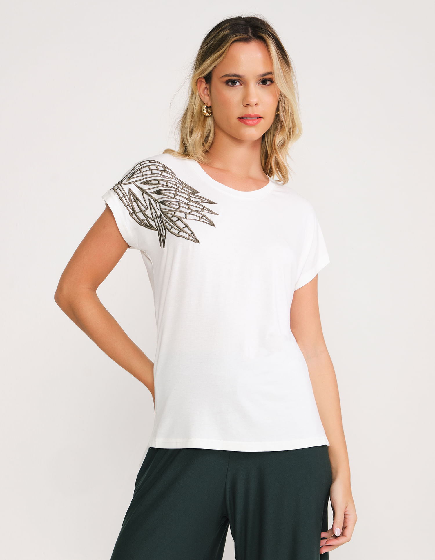 Blusa Malha Bordado Folha - Off White