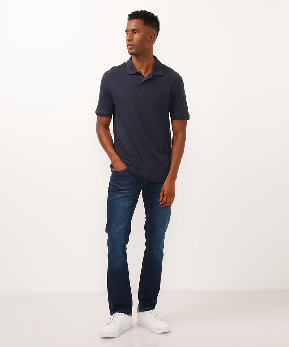 polo de algodão manga curta azul marinho
