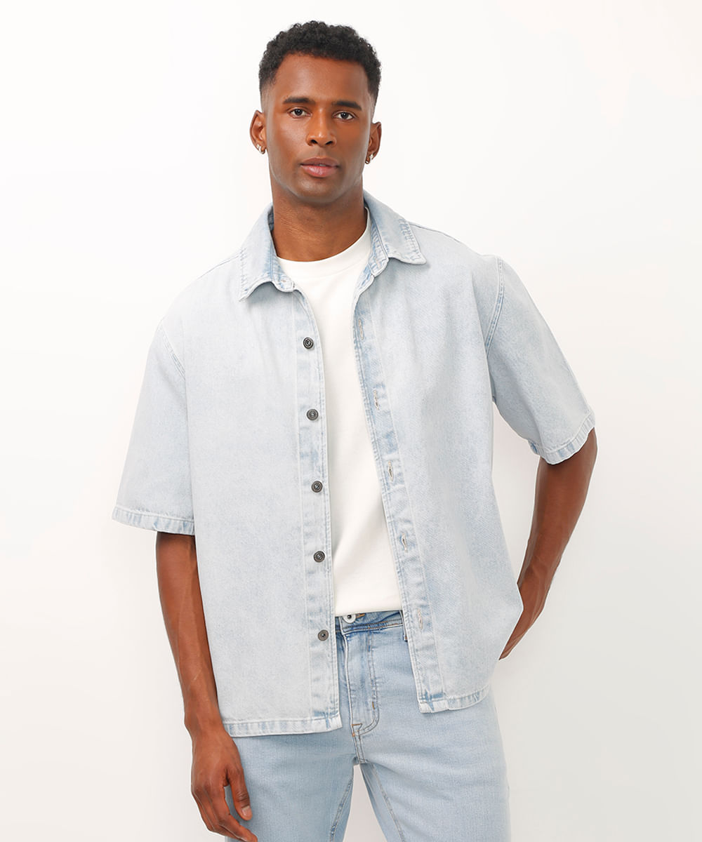 camisa oversized jeans manga curta azul