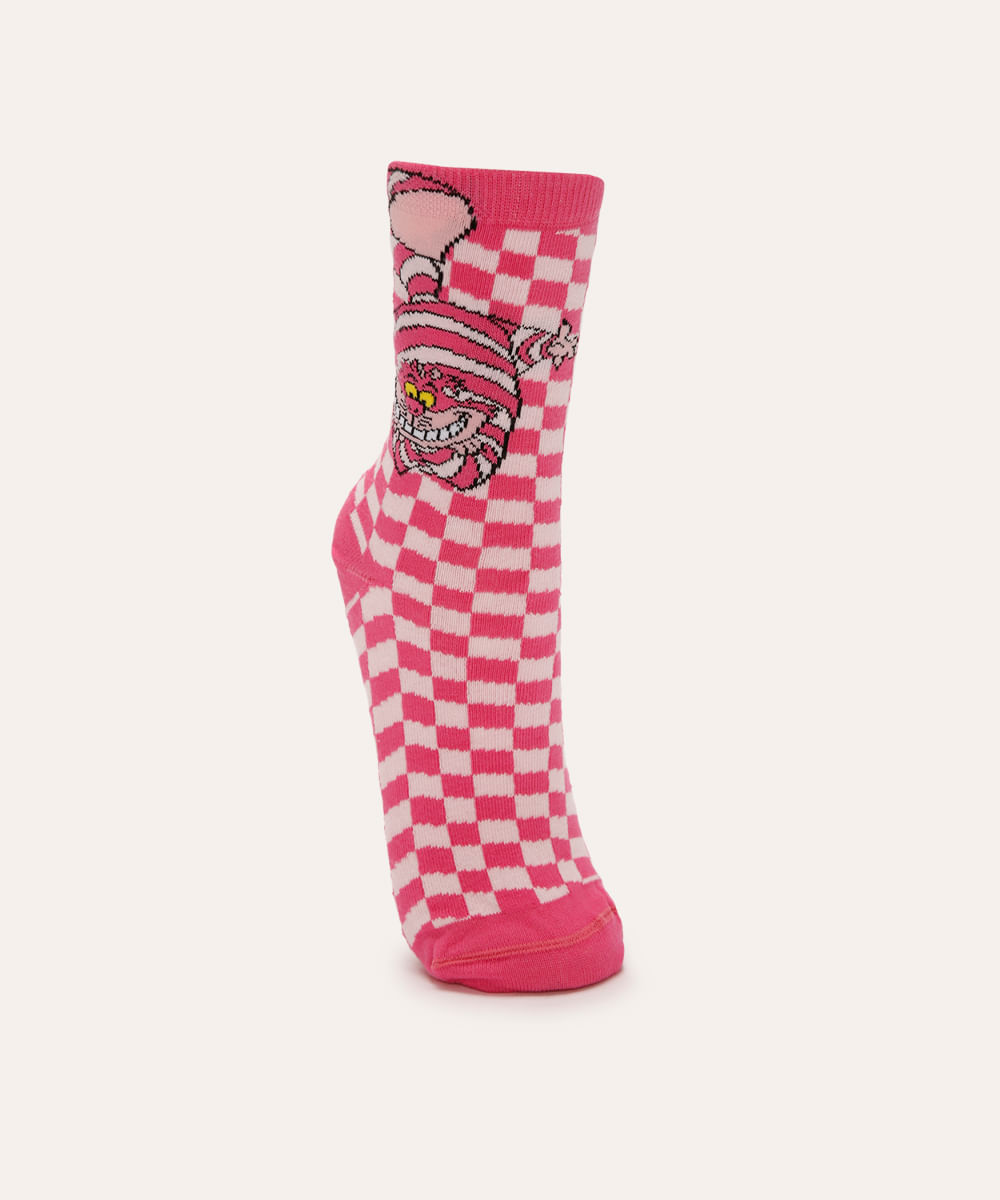 meia cano longo quadriculada gato cheshire rosa