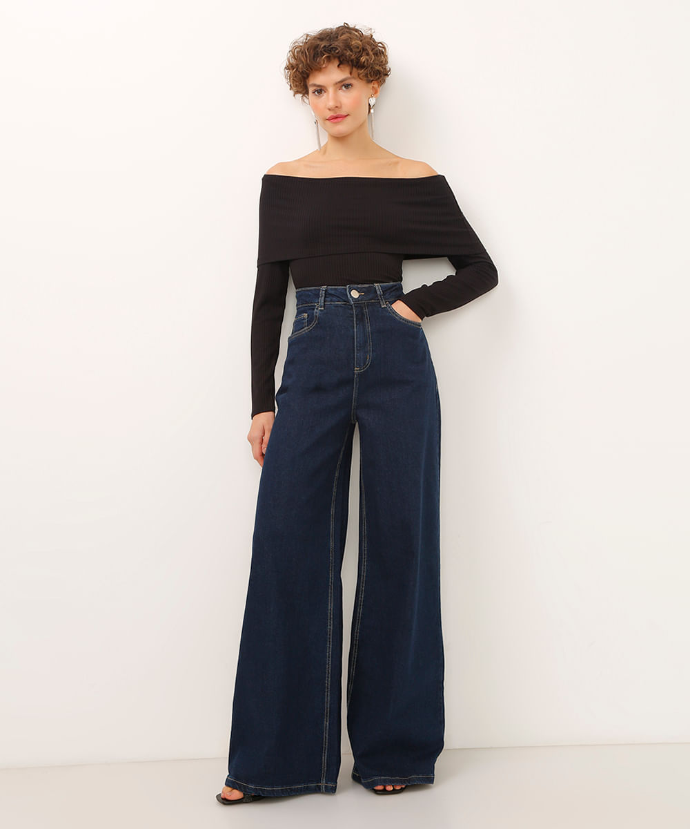 blusa de viscose canelada ombro a ombro preta