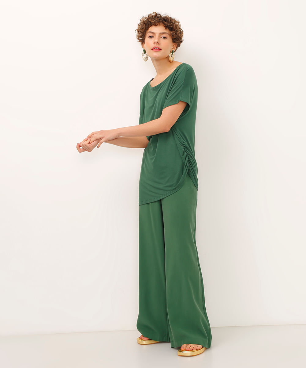 blusa de viscose com franzido manga curta verde