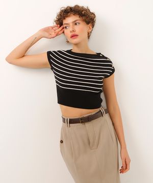 blusa cropped ombro a ombro listrada com botões preta