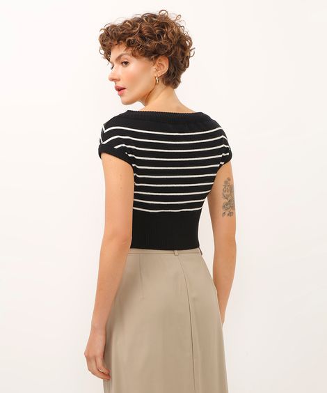 blusa cropped ombro a ombro listrada com botões preta