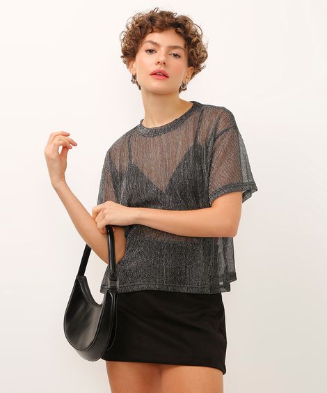 blusa decote redondo manga curta brilhosa preta
