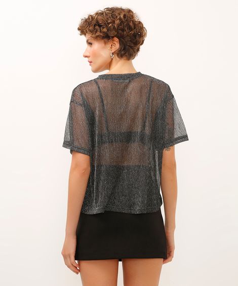 blusa decote redondo manga curta brilhosa preta