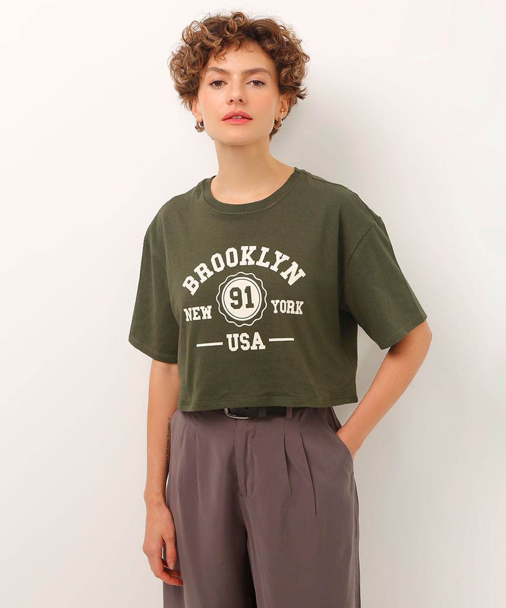camiseta cropped de algodão manga curta brooklyn verde