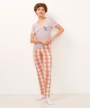 pijama de viscose manga curta xadrez lilás