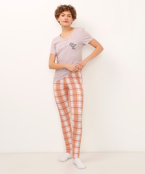 pijama de viscose manga curta xadrez lilás