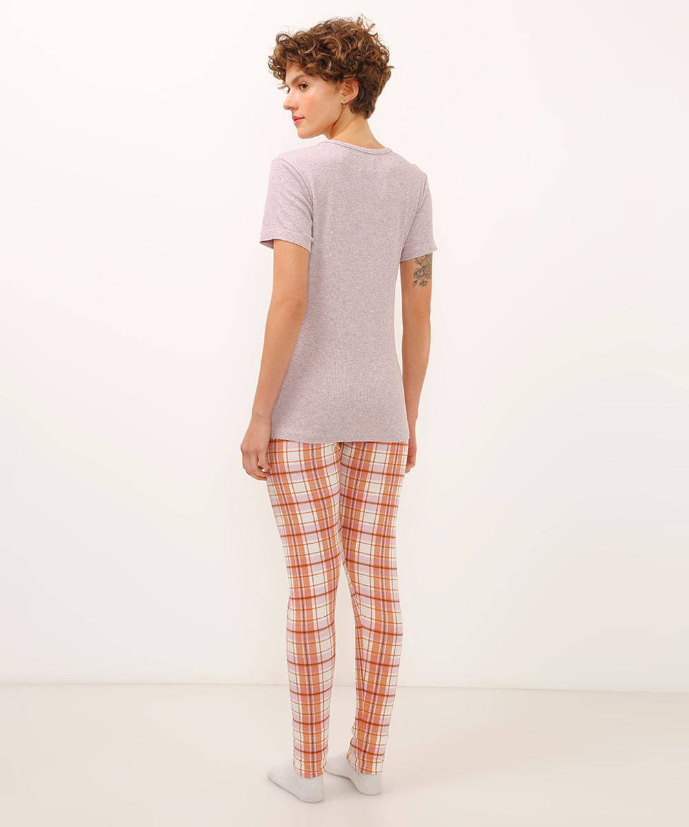 pijama de viscose manga curta xadrez lilás