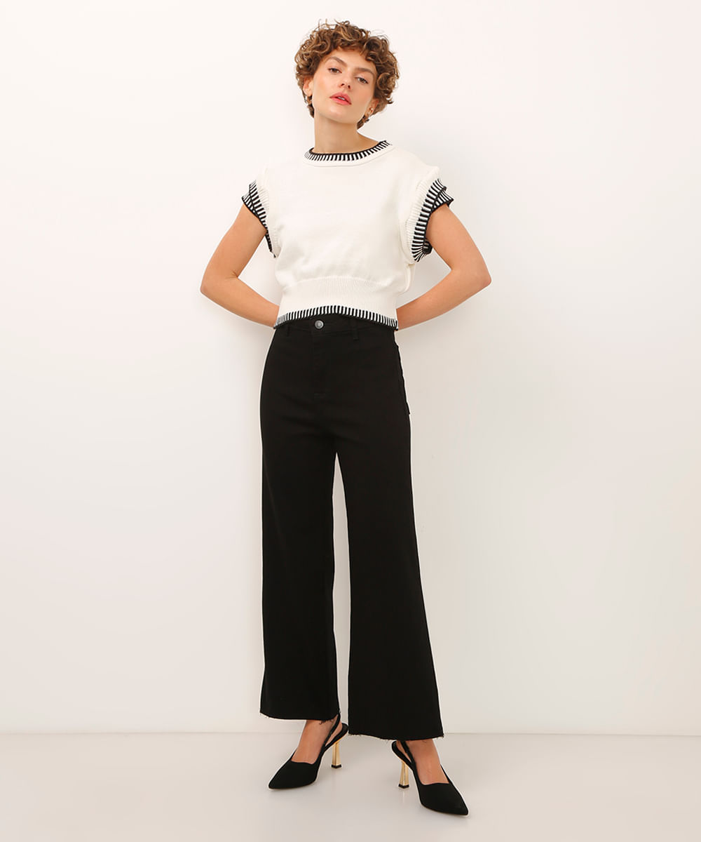 calça de sarja wide leg cintura alta preta
