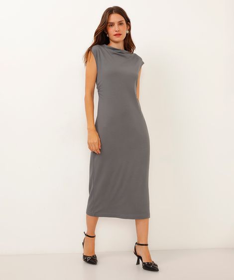vestido midi de viscose com franzido cinza