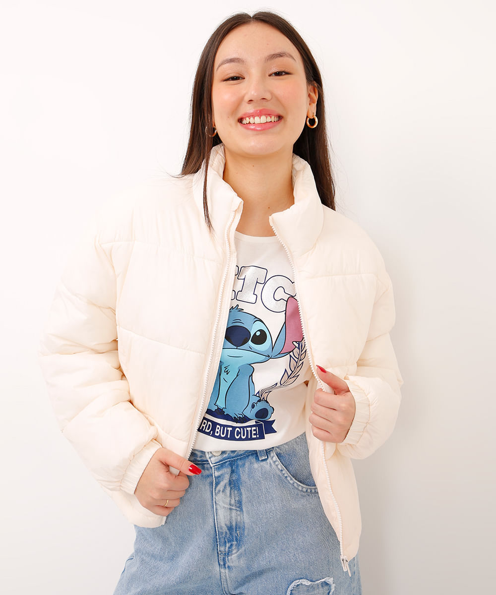 jaqueta puffer juvenil cropped gola alta bege
