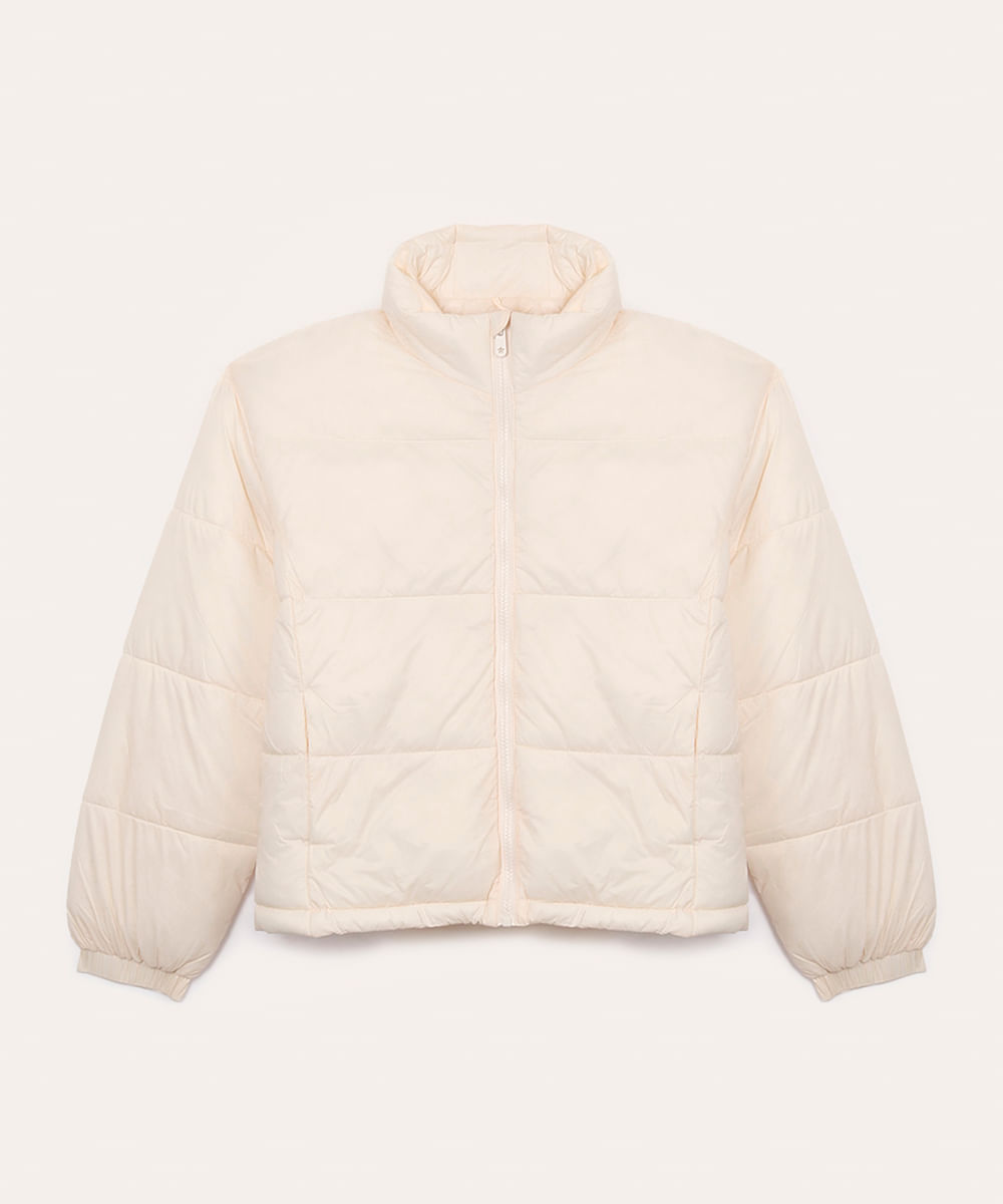 jaqueta puffer juvenil cropped gola alta bege