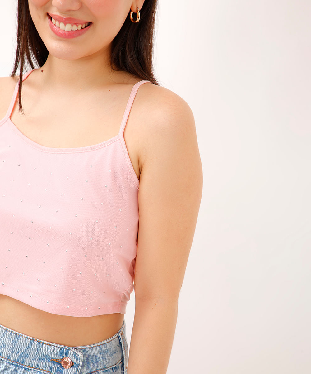 blusa de tule juvenil com strass alça fina rosa
