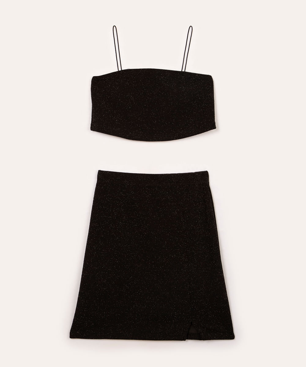 conjunto juvenil de lurex brilhos alça fina preto