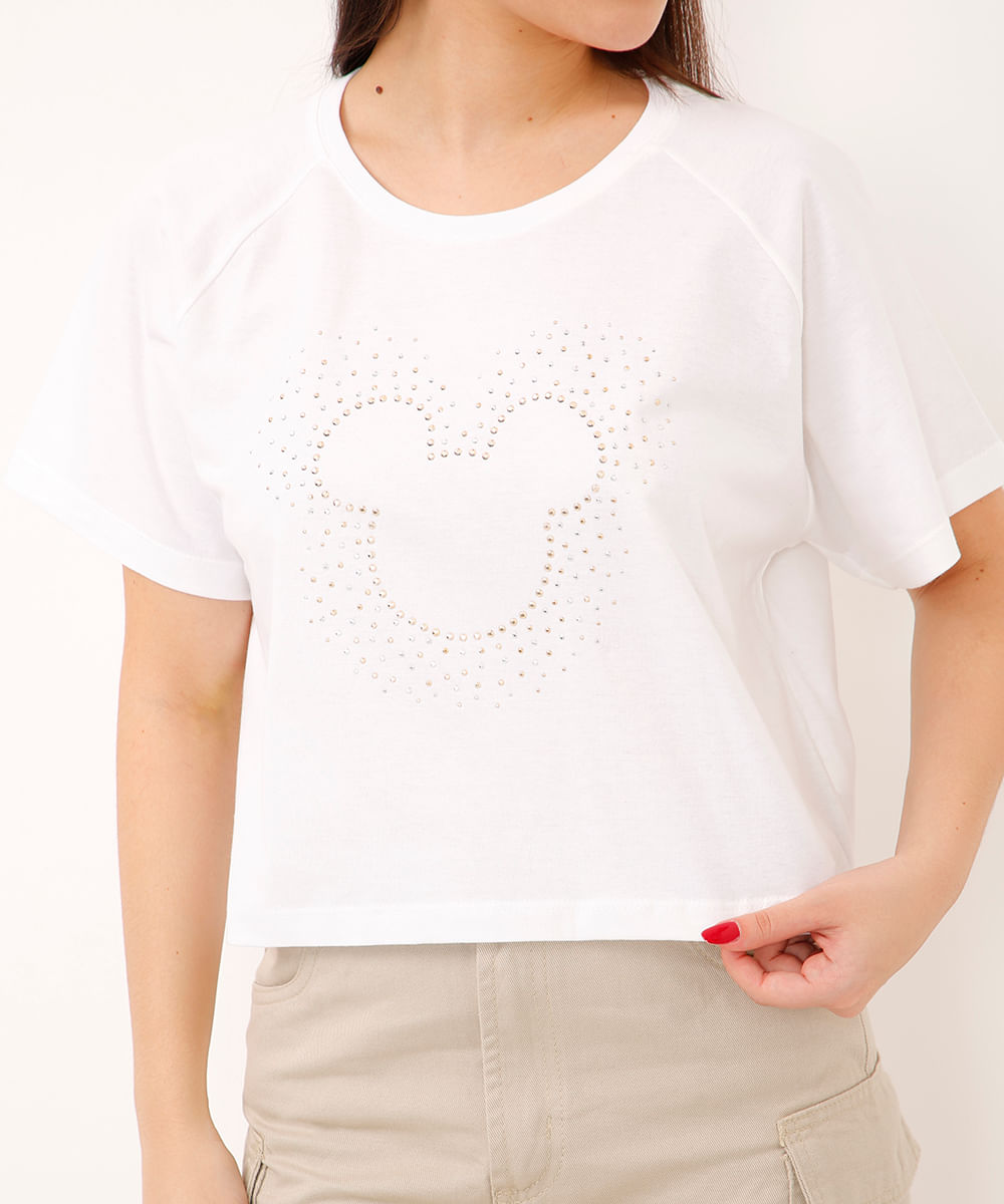 cropped de algodão infantil mickey com brilho manga curta off white