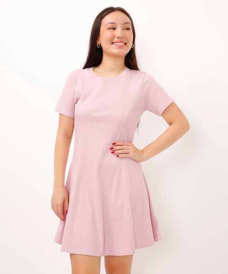 vestido de algodão juvenil evasê manga curta rosa
