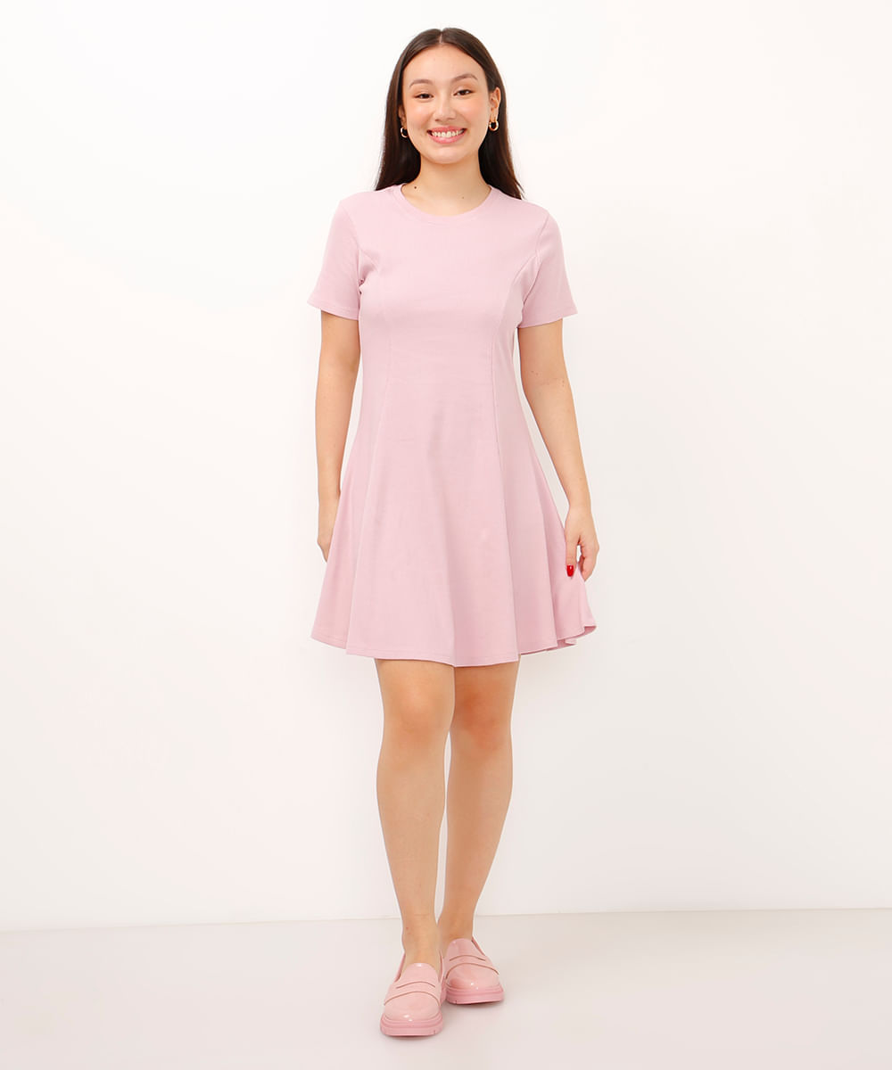 vestido de algodão juvenil evasê manga curta rosa