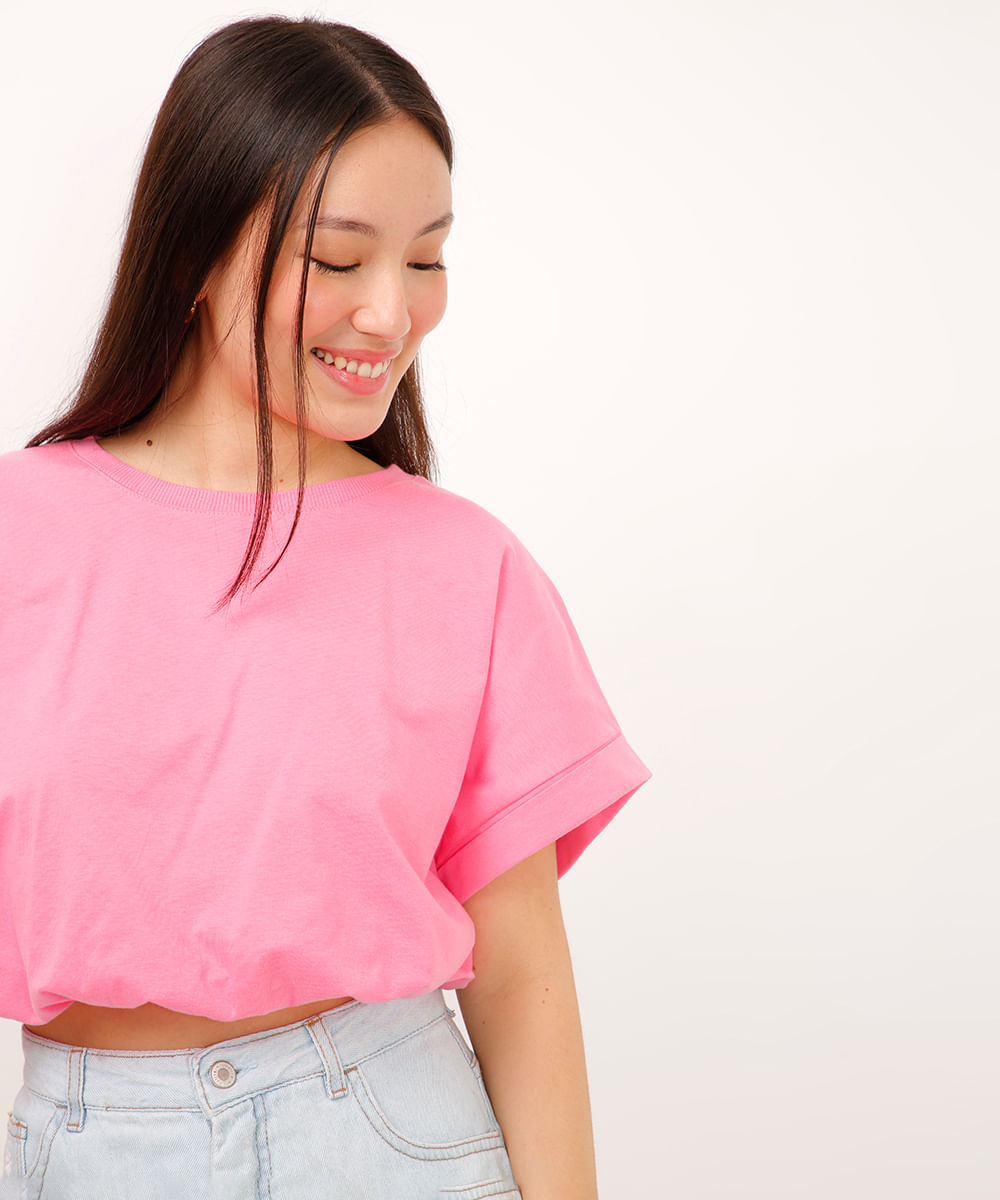 cropped de algodão juvenil balonê manga curta rosa