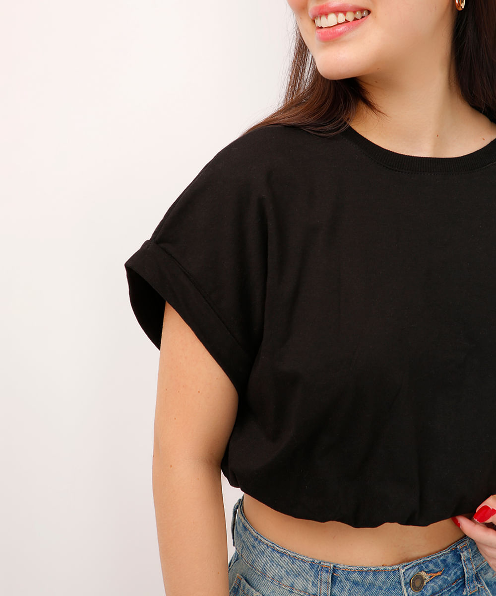 cropped de algodão juvenil balonê manga curta preto