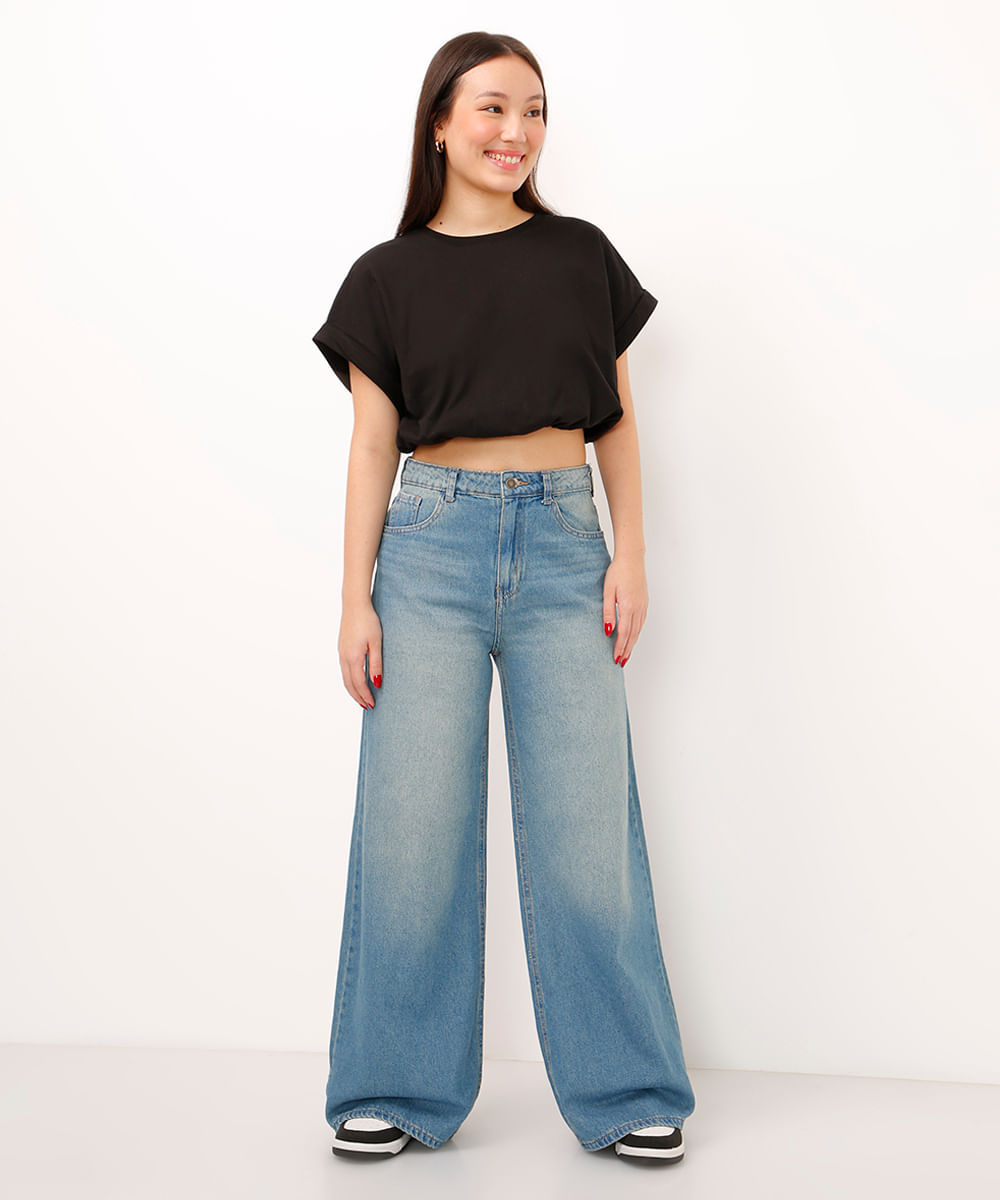 cropped de algodão juvenil balonê manga curta preto