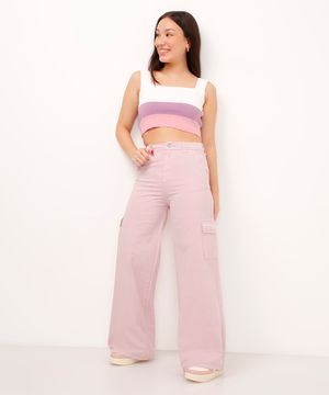 calça wide leg de sarja infantil cargo rosa claro