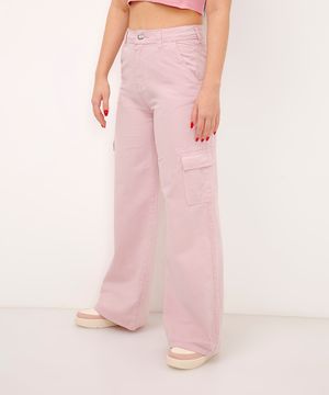 calça wide leg de sarja infantil cargo rosa claro