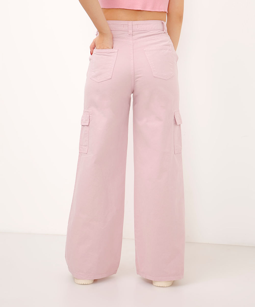 calça wide leg de sarja infantil cargo rosa claro