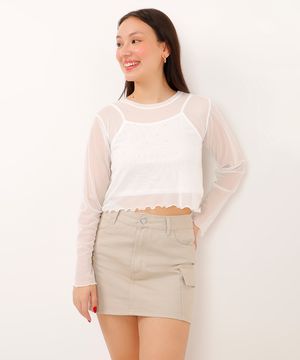 blusa de tule juvenil manga longa com brilho off white