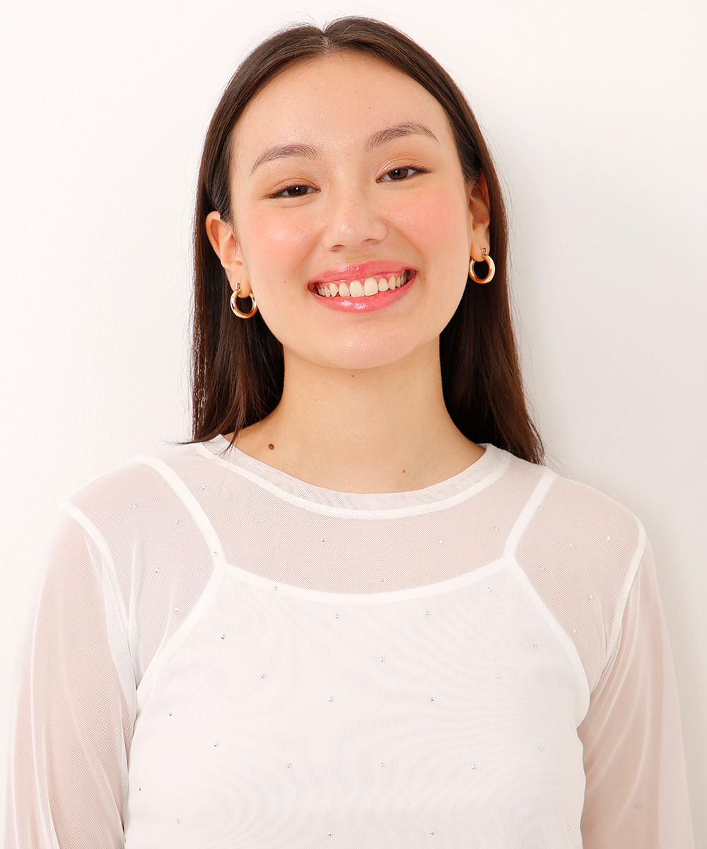 blusa de tule juvenil manga longa com brilho off white