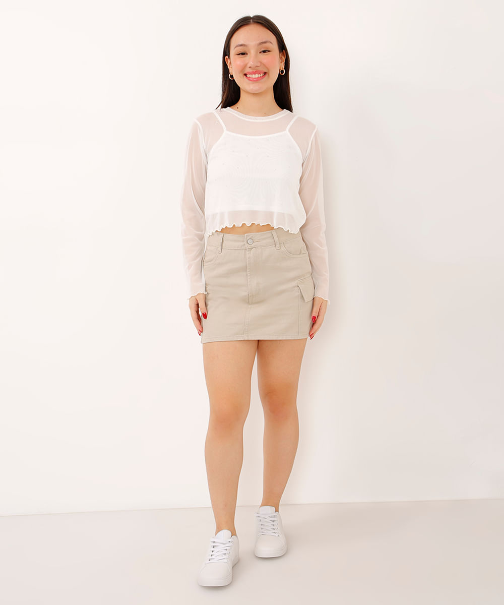 blusa de tule juvenil manga longa com brilho off white