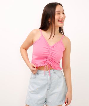 cropped de algodão juvenil com franzido e babado rosa