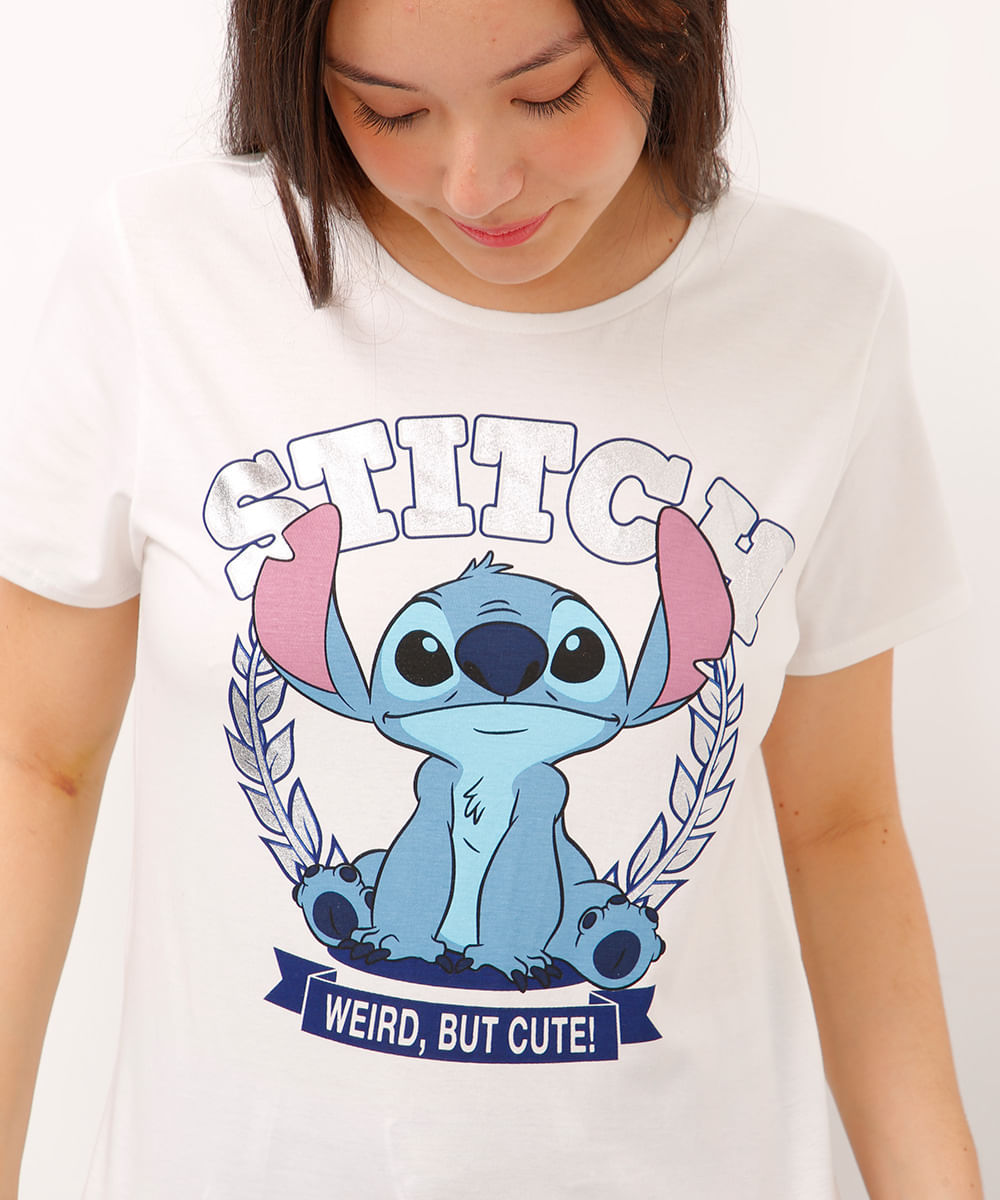 camiseta de algodão infantil stitch manga curta off white