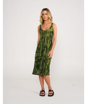 Vestido Midi Botoes Estampado Floresta - Verde Militar