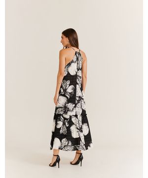 Vestido Midi Estampado Flores Com Lurex - Preto