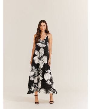 Vestido Midi Estampado Flores Com Lurex - Preto