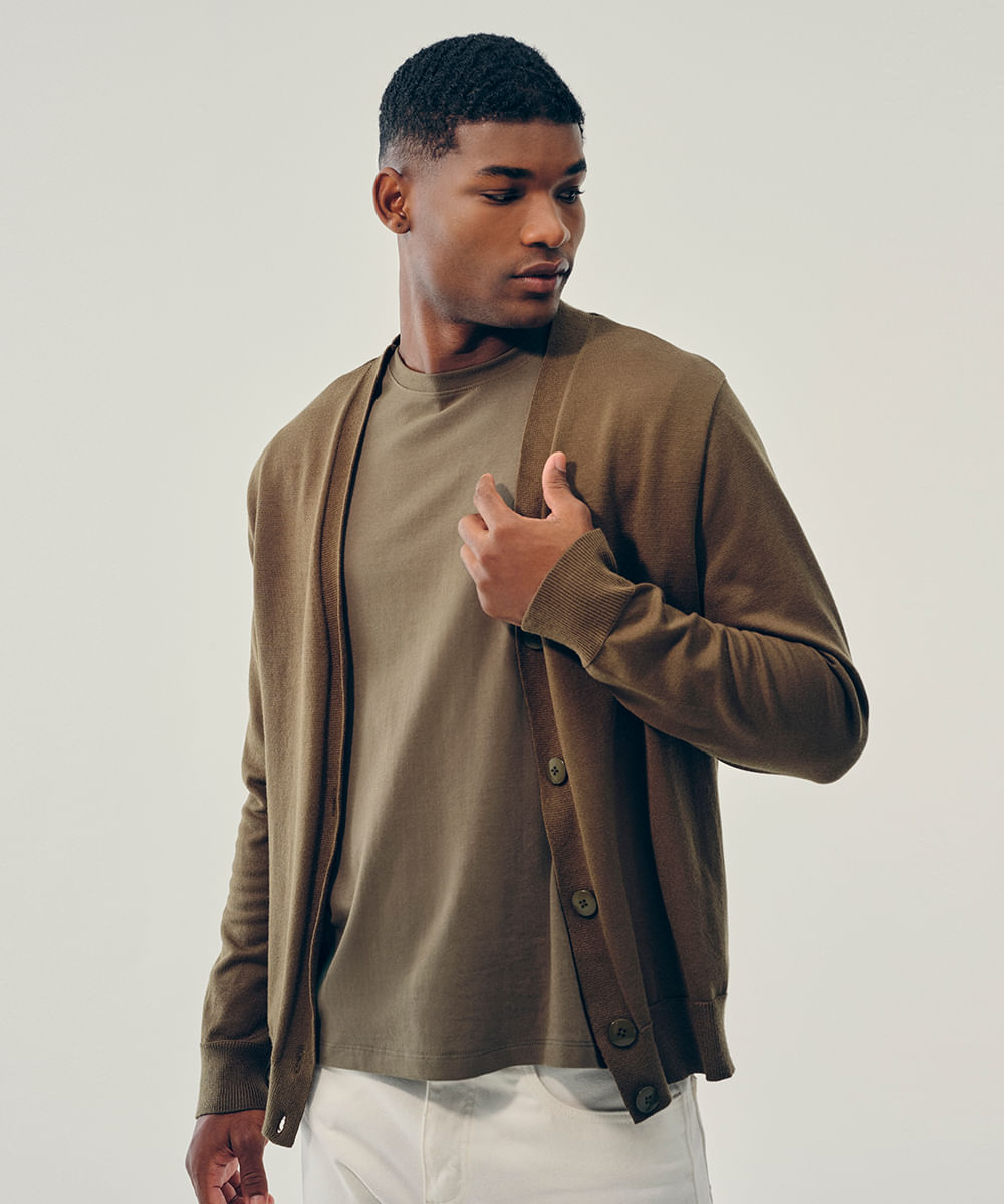 cardigan de tricot gola v verde militar