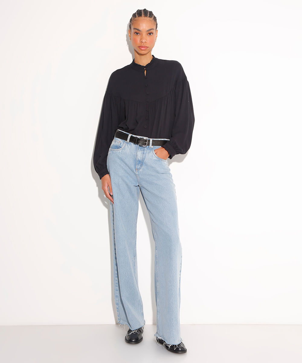 camisa de viscose com botões e babados mindset preta