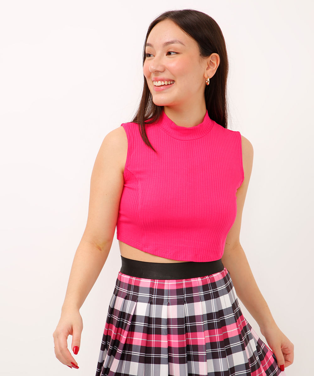 blusa juvenil de viscose gola alta canelada rosa