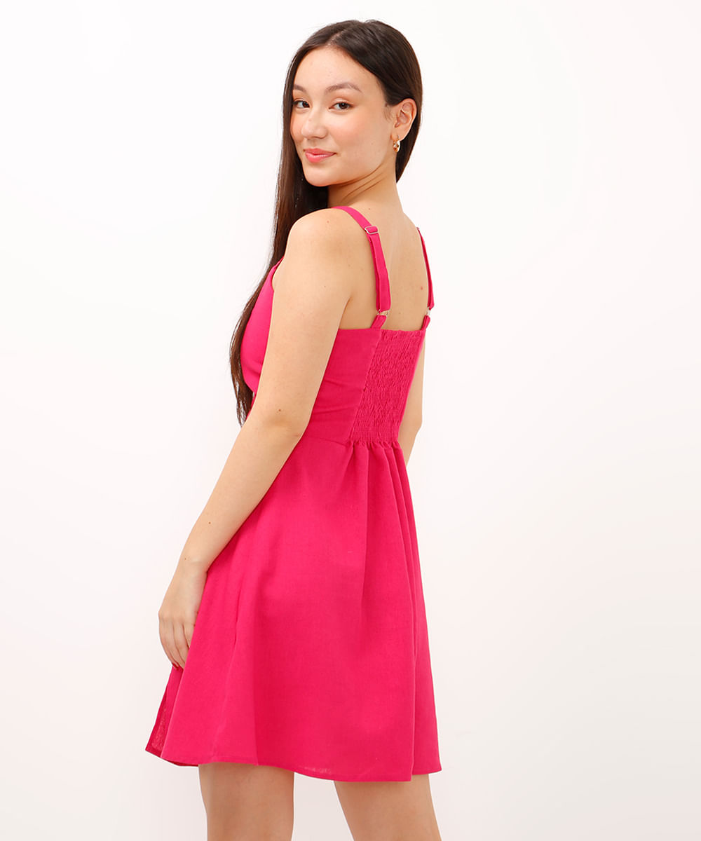 vestido linho juvenil com fenda rosa