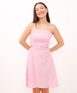 vestido com linho curto recortes juvenil rosa