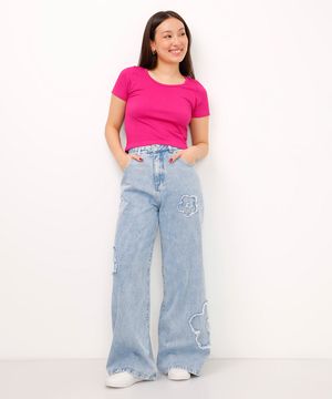 calça jeans juvenil wide leg flor azul