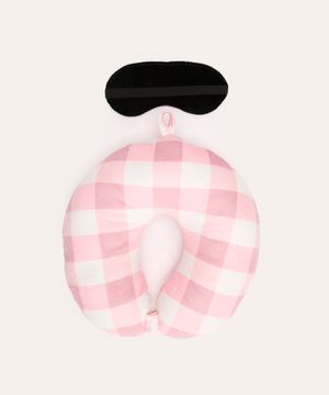 apoio de pescoço com máscara de dormir xadrez rosa claro
