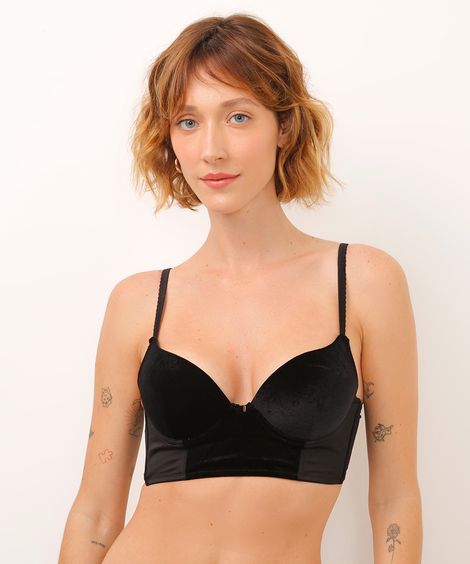 sutiã cropped acetinado com veludo aro e bojo preto