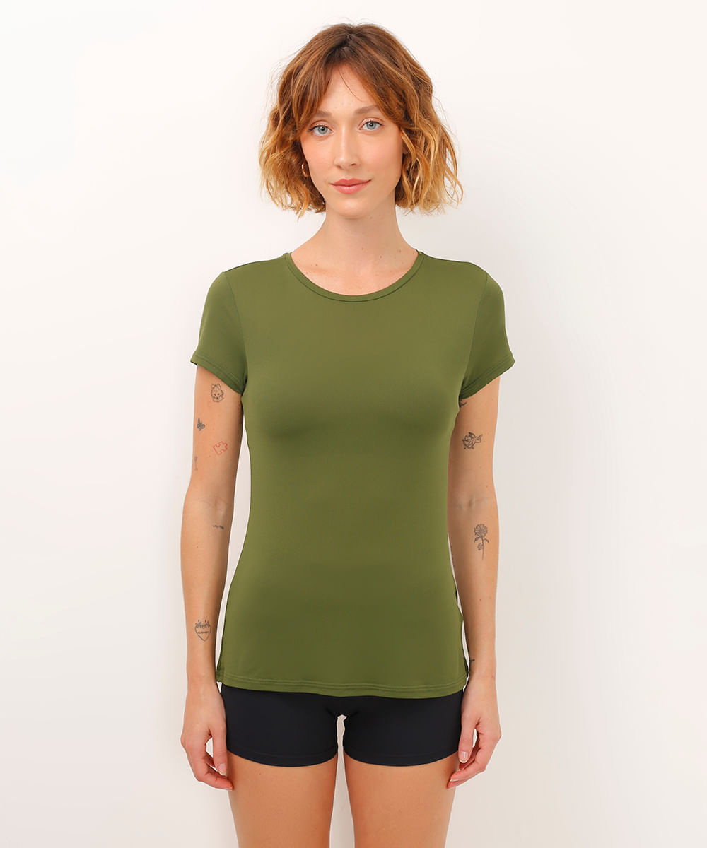 camiseta feminina esportiva com recorte manga curta verde