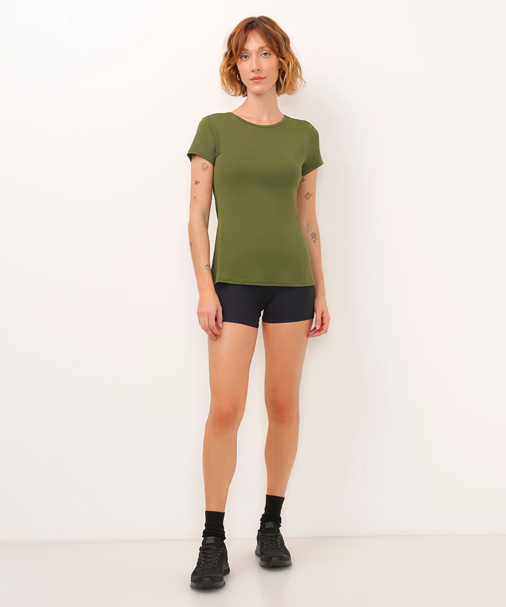 camiseta feminina esportiva com recorte manga curta verde