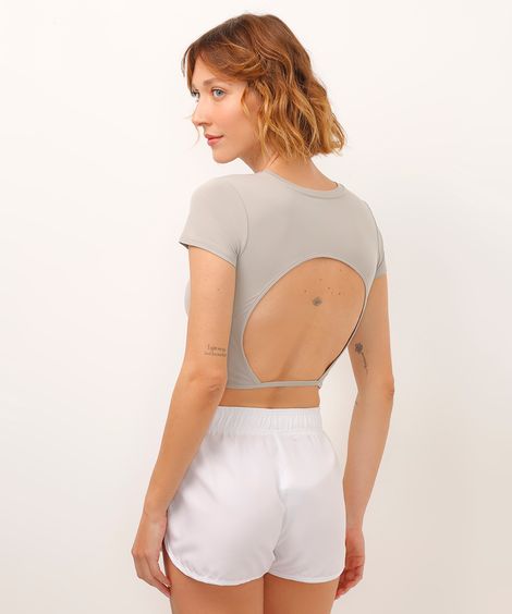 blusa cropped recorte nas costas esportiva cinza claro