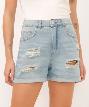 short curto jeans cintura super alta destroyed azul