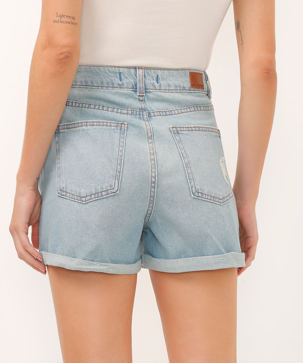 short curto jeans cintura super alta destroyed azul